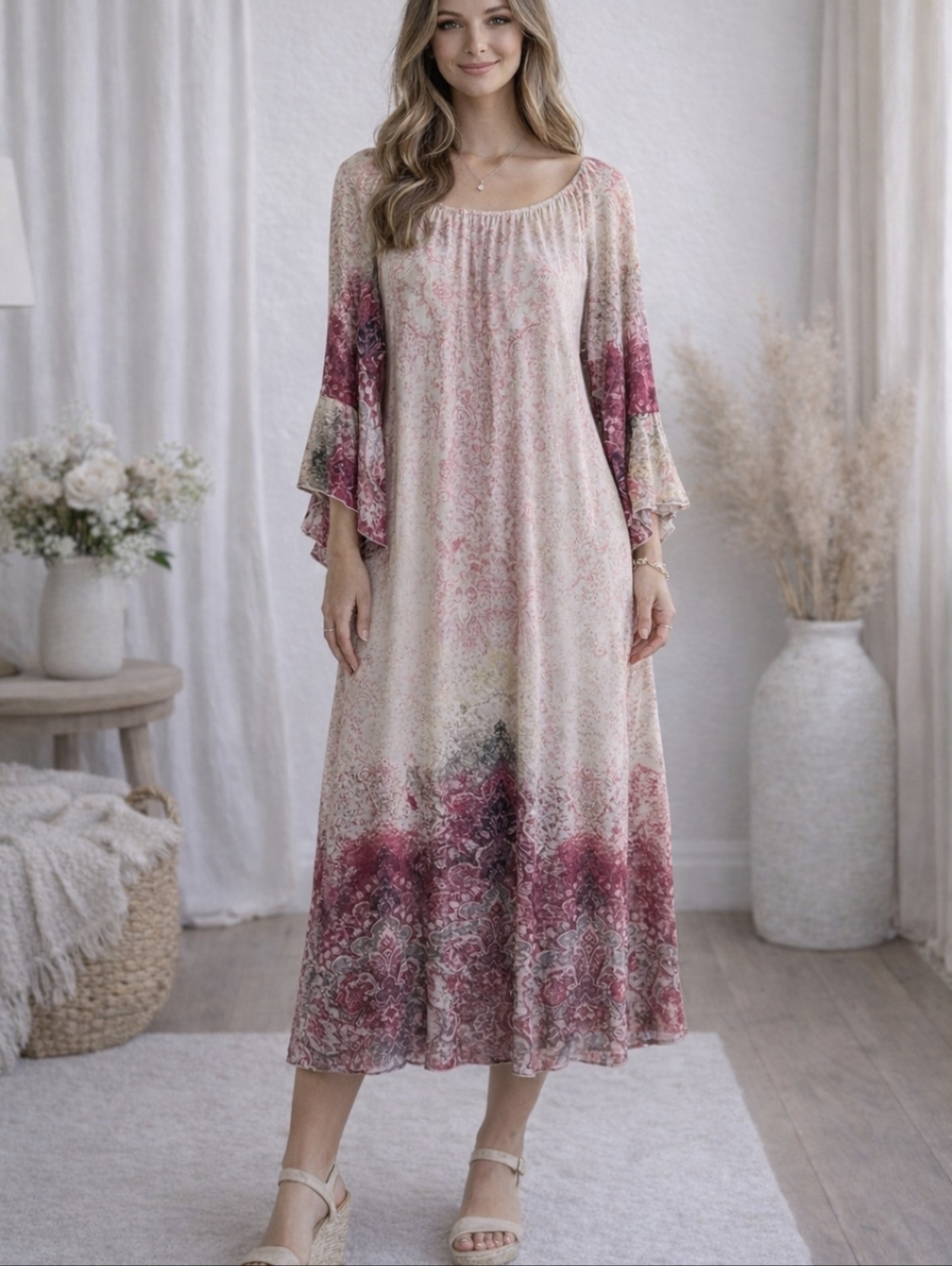 Honeyme Ivory and Burgundy Ombre Bell-Sleeve Tunic Boho Festival